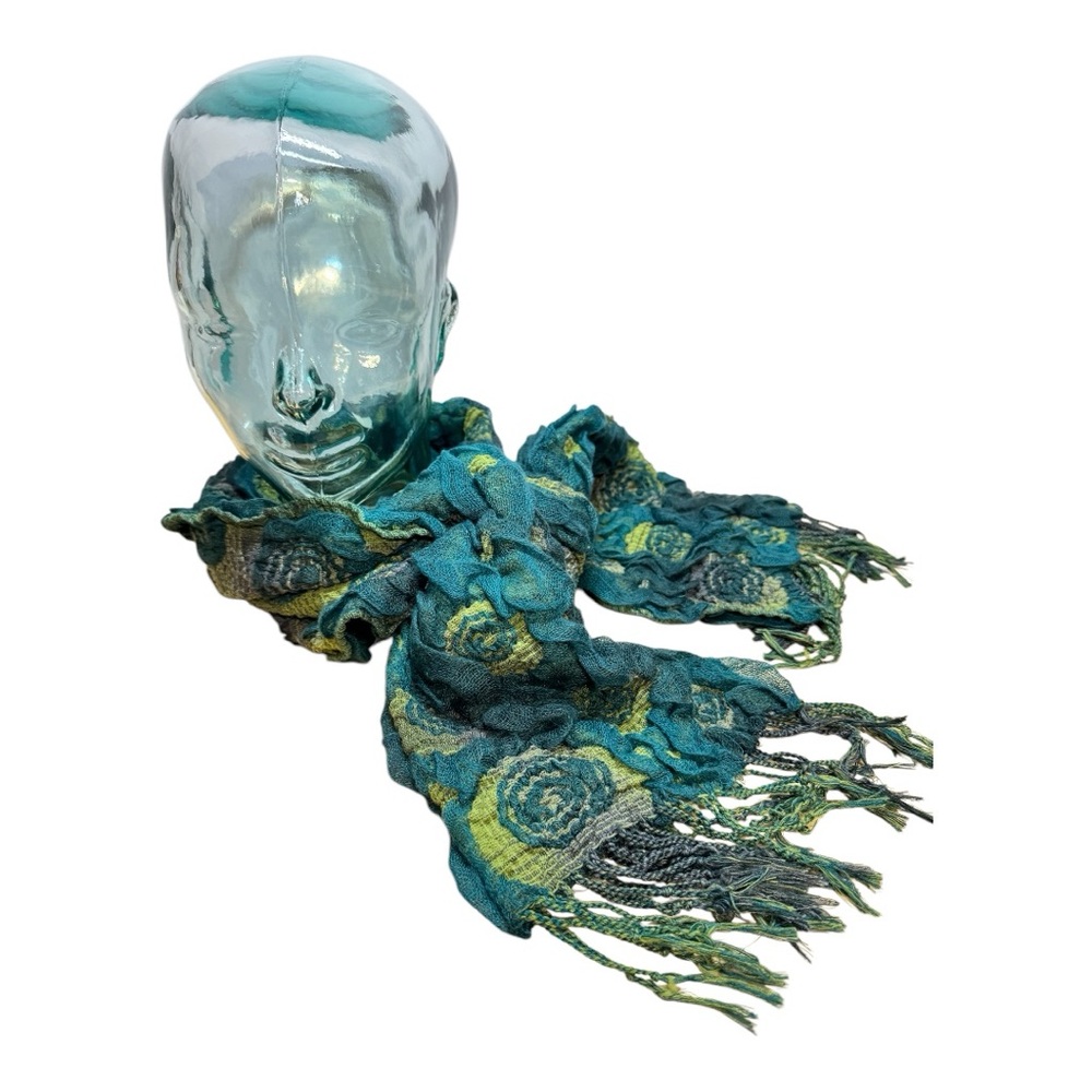 Unique Floral Scarf in Blues & Greens, Textured Flowers with Fringe - Picture 5 of 12